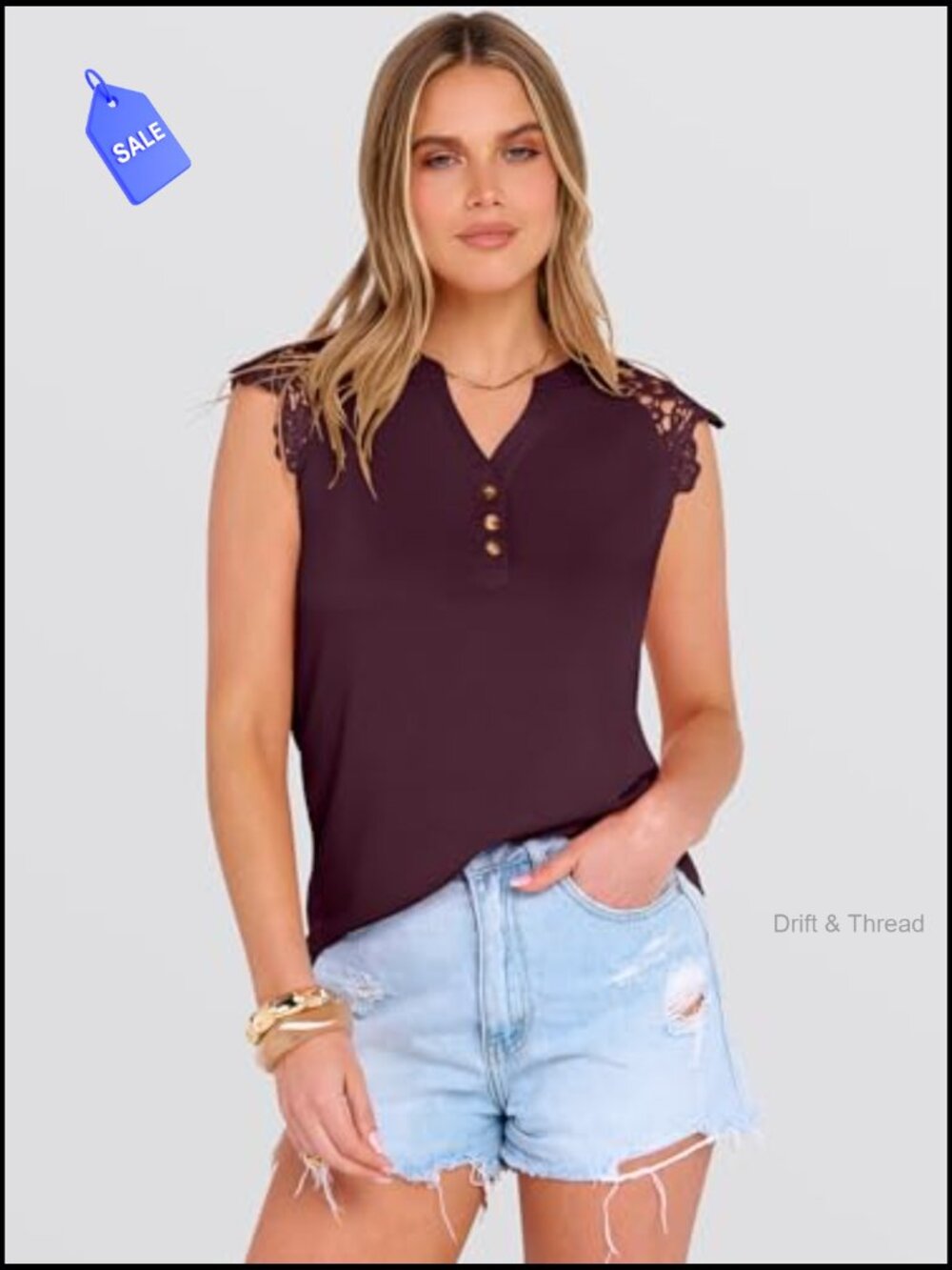 Sleeveless Lace Henley Top with Button Down Front for Office Travel - Picture 2 of 7